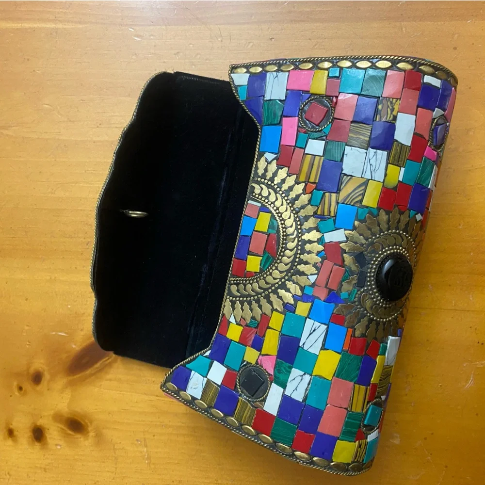 Clutch Crossbody Handcrafted Mosaic Stone Tiles Bag Chain Ornate Metal ANTIQUE - Picture 9 of 15